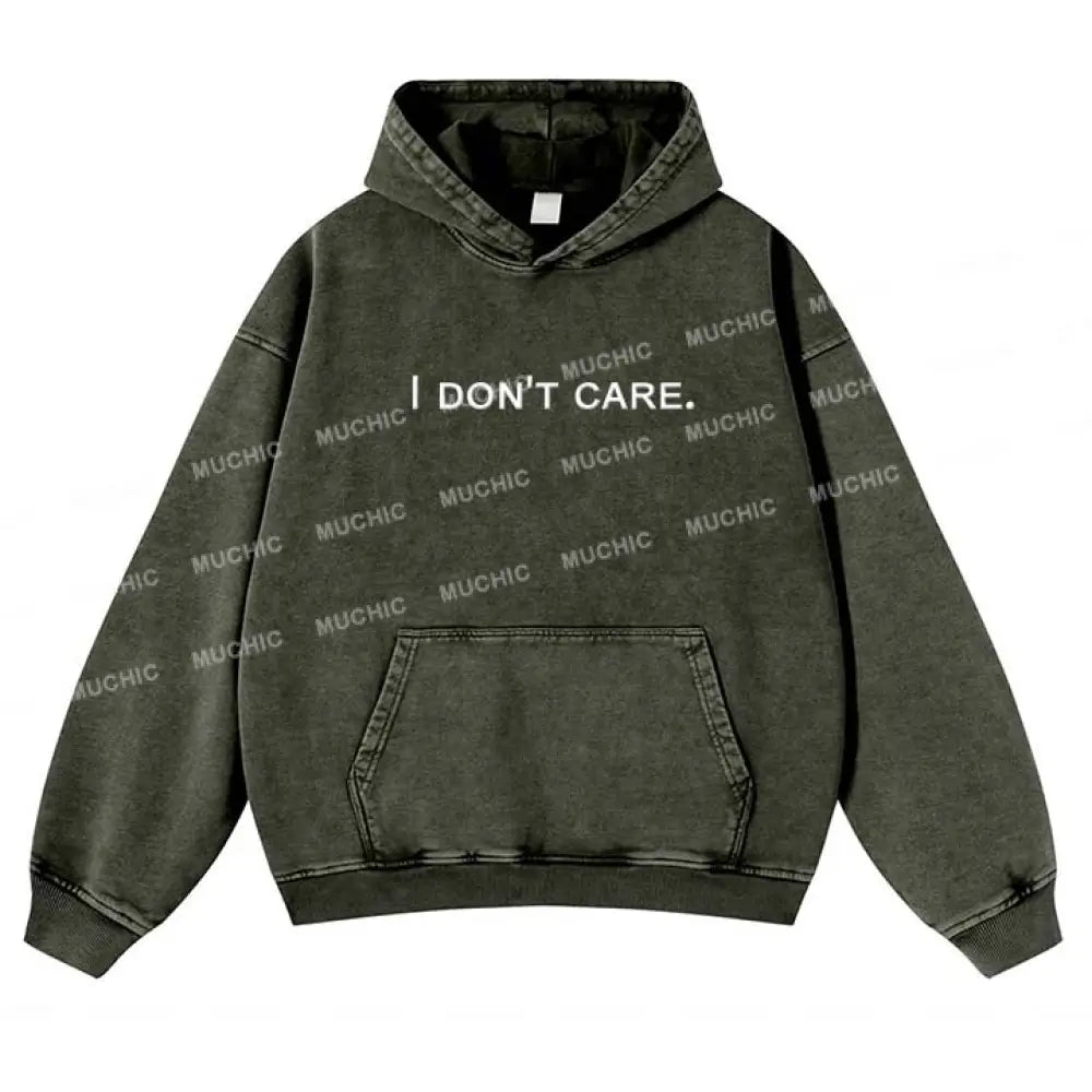 Muchic Unisex ’I Don’t Care’ Print Long-Sleeved Hooded Sweatshirt Olive Green / S