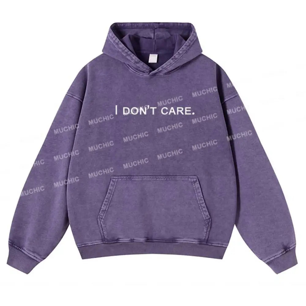 Muchic Unisex ’I Don’t Care’ Print Long-Sleeved Hooded Sweatshirt Purple / S Hoodies-Sweatshirts