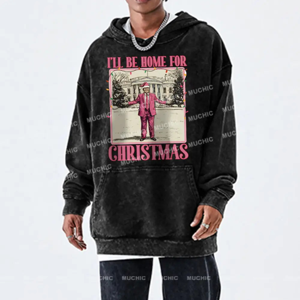 Muchic Unisex ’I’ll Be Home’ Christmas Fashion Graphic Print Long Sleeve Hooded Sweatshirt