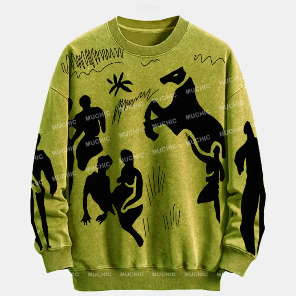 Muchic Unisex ’La Ghodise Jean’ Fun Graphic Print Long Sleeve Crewneck Sweatshirt Olive Green /