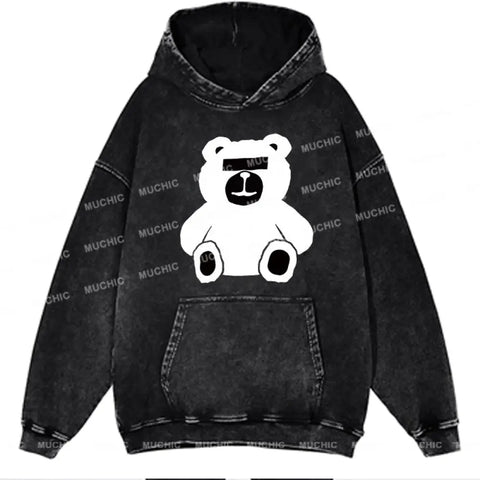 Muchic Unisex "Little Bear" Anime Cartoon Retro Fashion Pattern Print Long Sleeve Hooded Sweater (T-shirt)