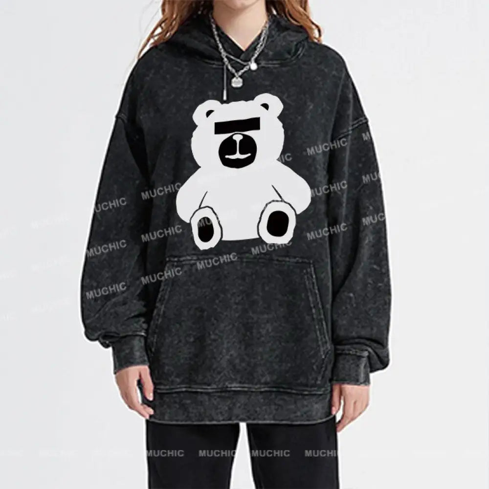 Muchic Unisex ’Little Bear’ Anime Cartoon Retro Fashion Pattern Print Long Sleeve Hooded