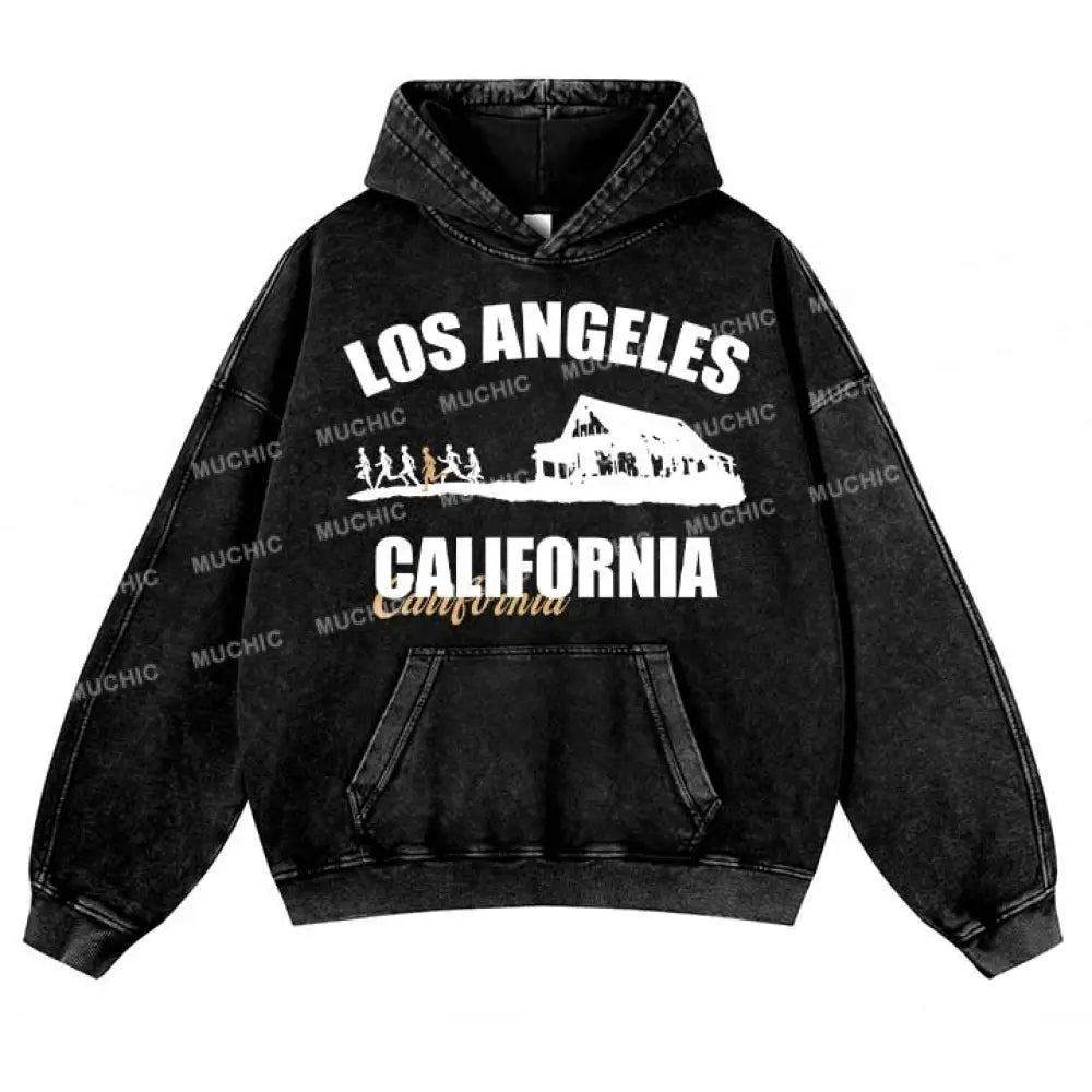 Muchic Unisex ’Los Angeles California’ Trendy Graphic Print Long-Sleeve Hooded Sweatshirt Black