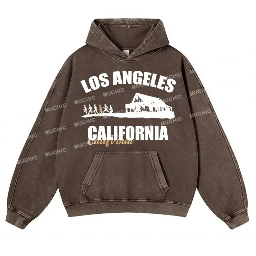 Muchic Unisex ’Los Angeles California’ Trendy Graphic Print Long-Sleeve Hooded Sweatshirt Brown