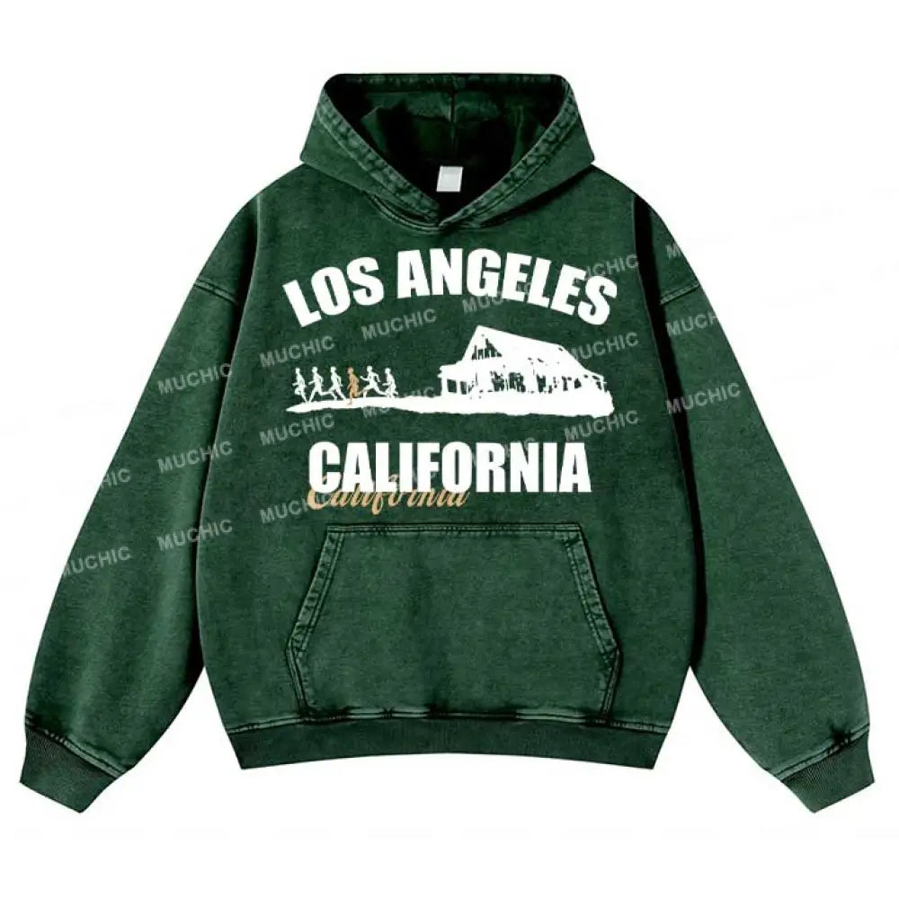 Muchic Unisex ’Los Angeles California’ Trendy Graphic Print Long-Sleeve Hooded Sweatshirt Green