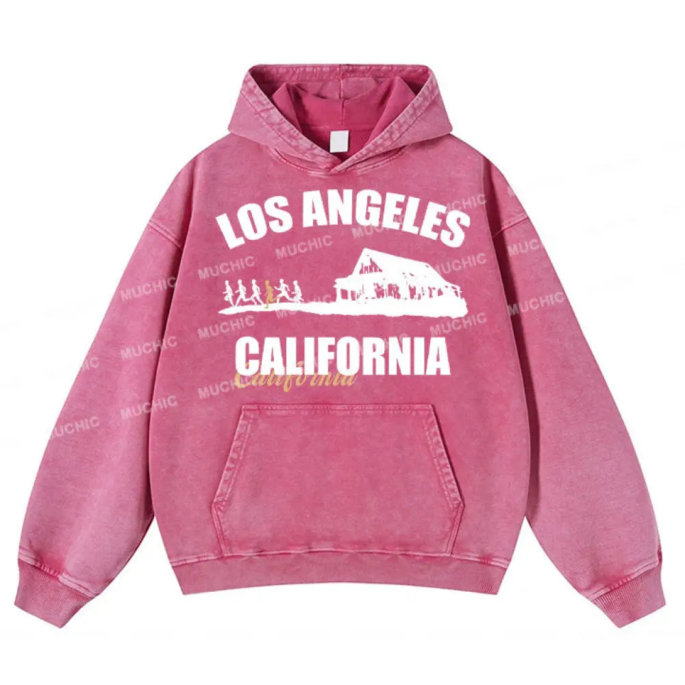 Muchic Unisex ’Los Angeles California’ Trendy Graphic Print Long-Sleeve Hooded Sweatshirt Pink