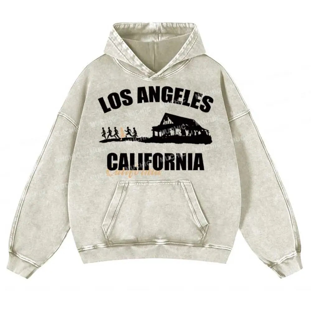 Muchic Unisex ’Los Angeles California’ Trendy Graphic Print Long-Sleeve Hooded Sweatshirt White