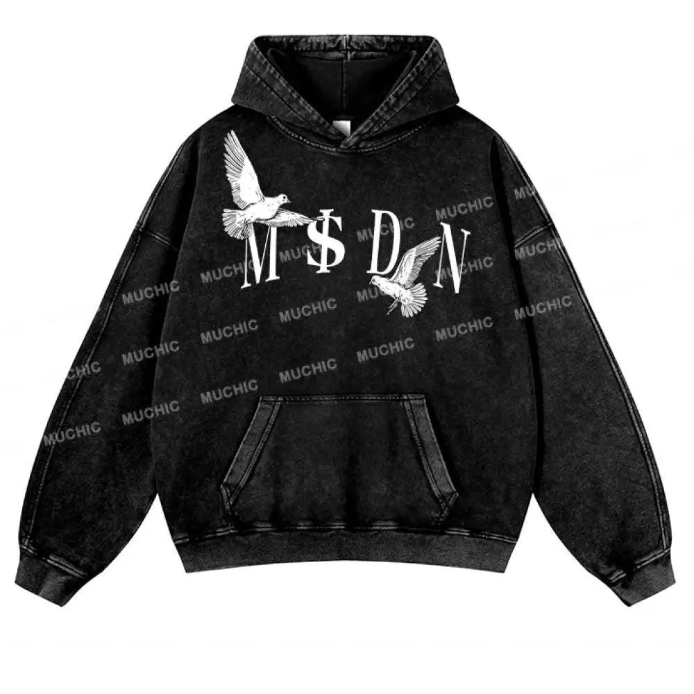 Muchic Unisex ’M$Dn’ Fashion Graphic Print Long Sleeve Hoodie Black / S Hoodies-Sweatshirts