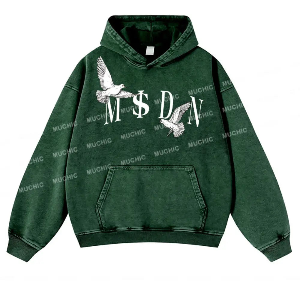 Muchic Unisex ’M$Dn’ Fashion Graphic Print Long Sleeve Hoodie Green / S Hoodies-Sweatshirts