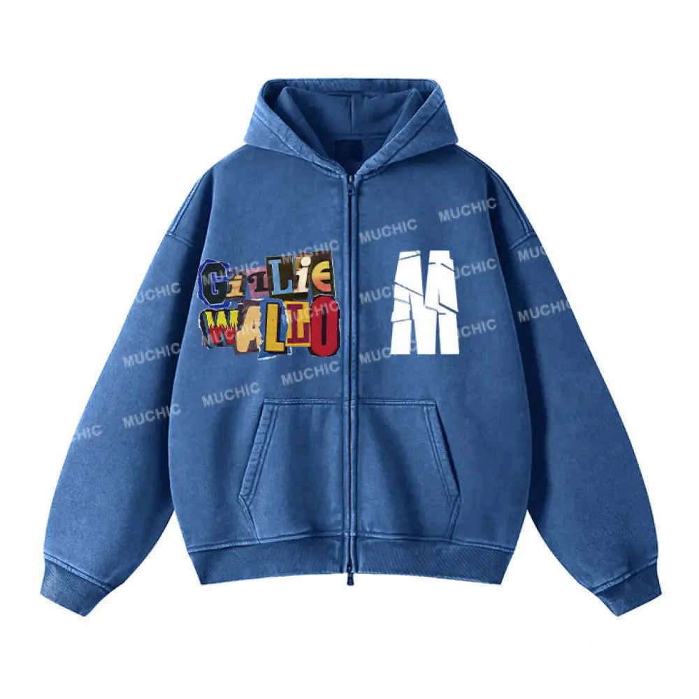 Muchic Unisex ’M’ Fun Letter Print Long Sleeve Plush Thickening Hooded Zipper Sweatshirt Blue /