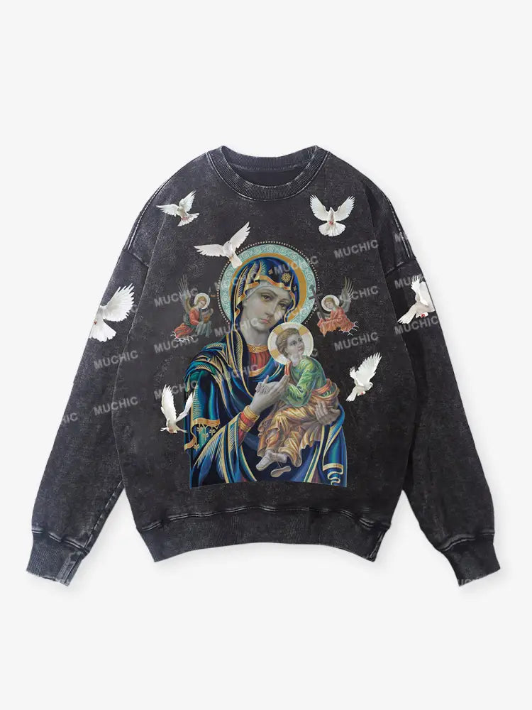 Muchic Unisex Madonna And Child Pink Fashion Print Round Neck Long Sleeve Sweatshirt Black / S