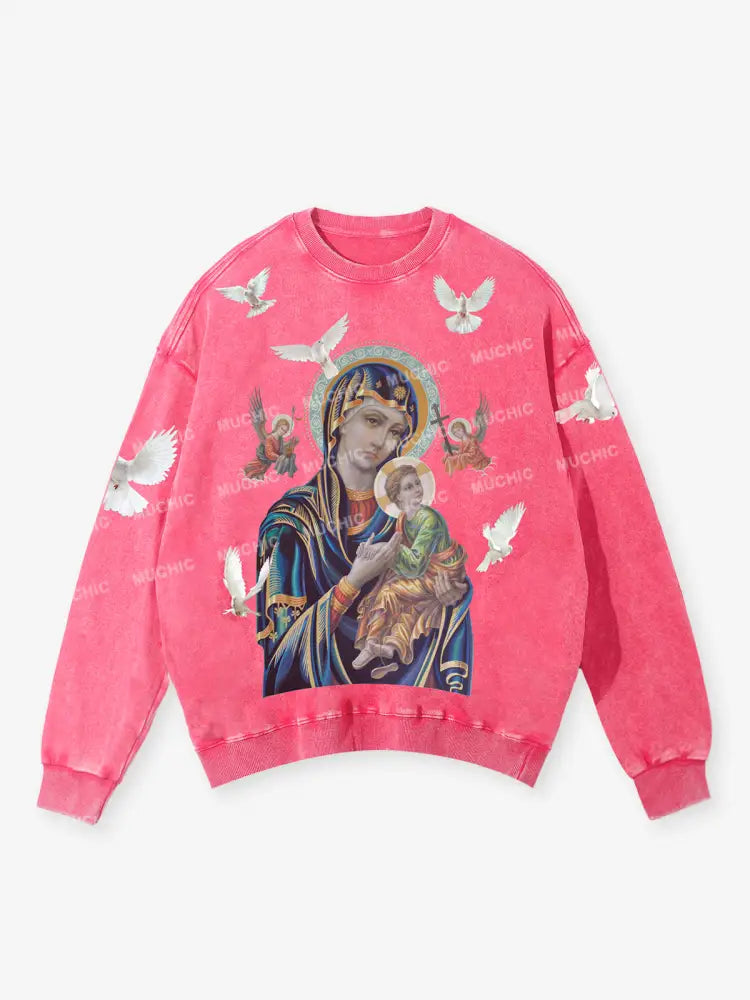 Muchic Unisex Madonna And Child Pink Fashion Print Round Neck Long Sleeve Sweatshirt Pink / S Black