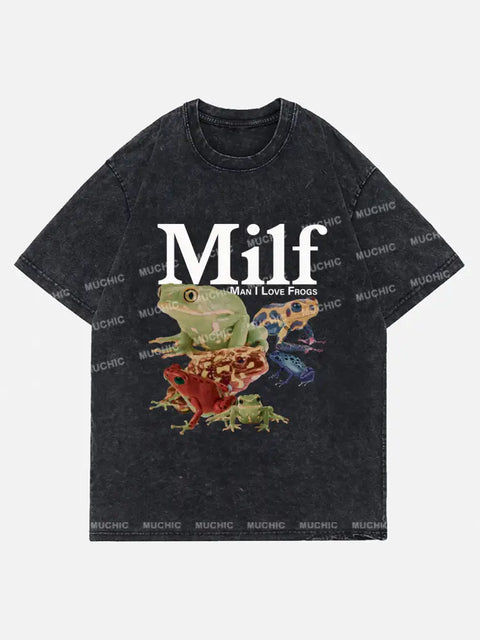 Muchic Unisex Milf Man I Love Frog Washed Denim T-Shirt