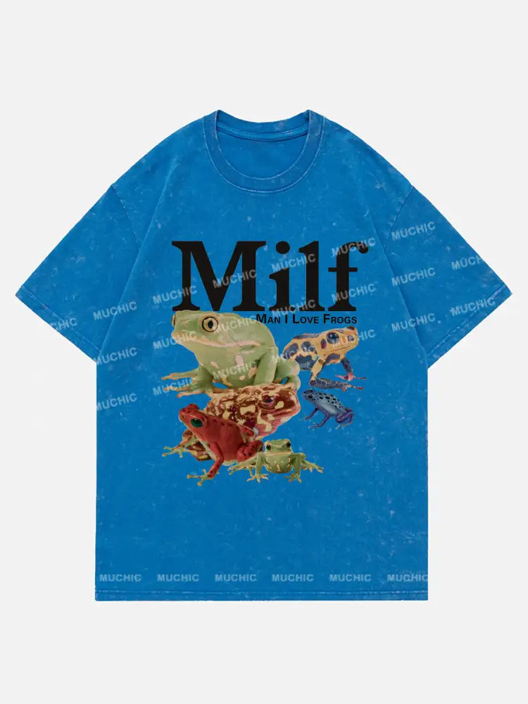 Muchic Unisex Milf Man I Love Frog Washed Denim T-Shirt Blue / S T-Shirts