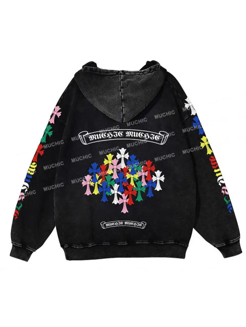 Muchic Unisex "Multicolor Cross" Fashion Graphic Print Long Sleeve Hooded  Plush Thickening Sweatshirt