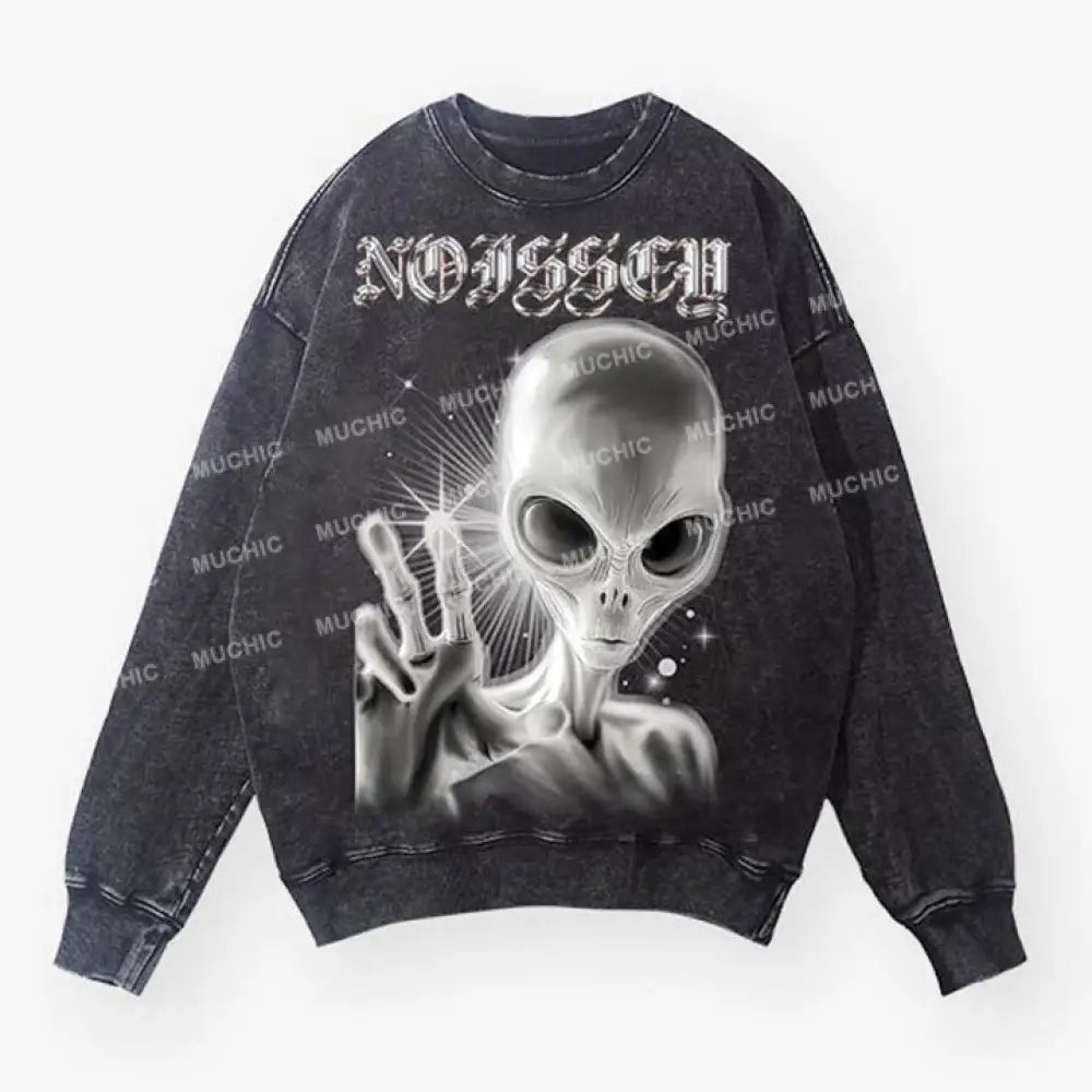 Muchic Unisex Mysterious Alien Exclusive Fashion Print Washed Long Sleeve Sweatshirt