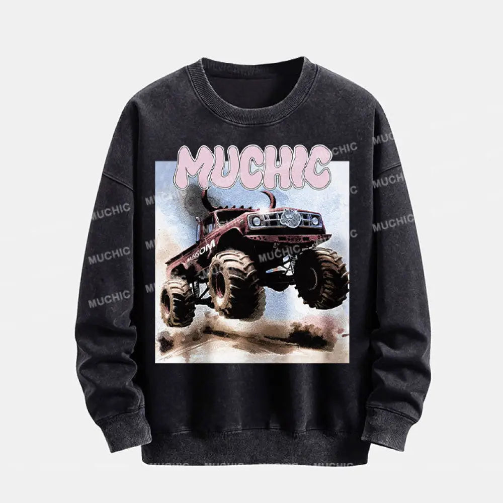 Muchic Unisex ’Off-Road Vehicle’ Funny Cartoon Graphic Print Long Sleeve Crewneck Sweatshirt Black