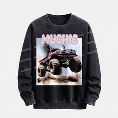 Muchic Unisex "Off-Road Vehicle" Funny Cartoon Graphic Print Long Sleeve Crewneck  Plush Thickening Sweatshirt