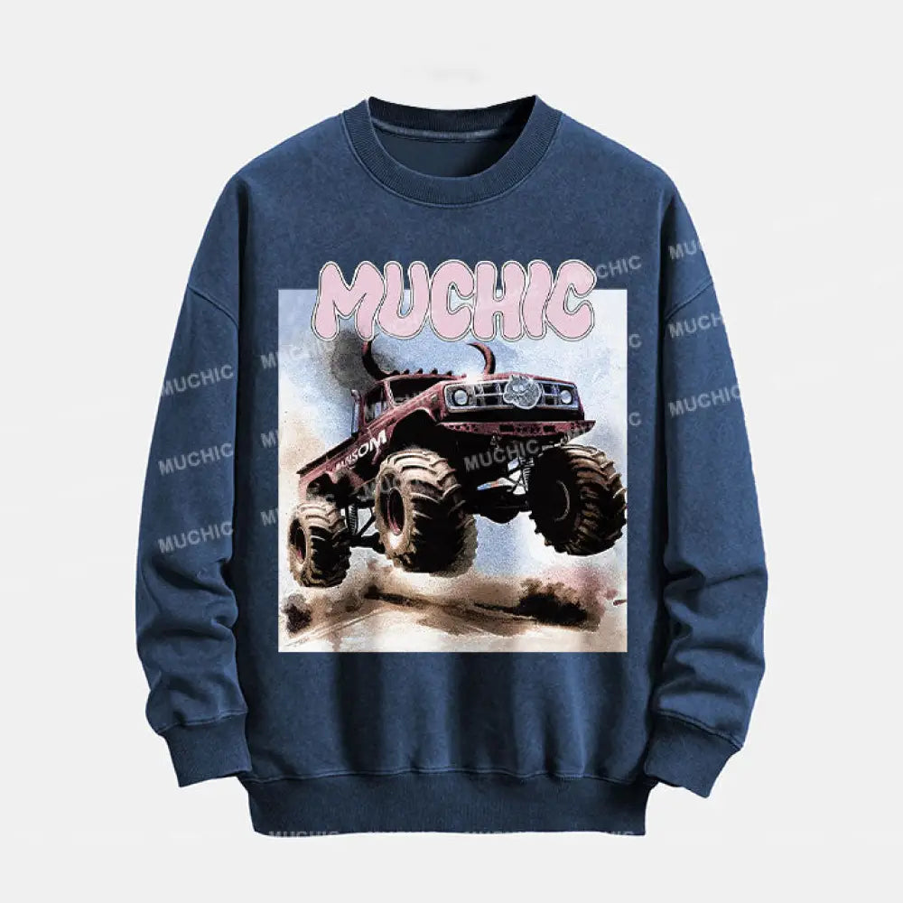 Muchic Unisex ’Off-Road Vehicle’ Funny Cartoon Graphic Print Long Sleeve Crewneck Sweatshirt Blue