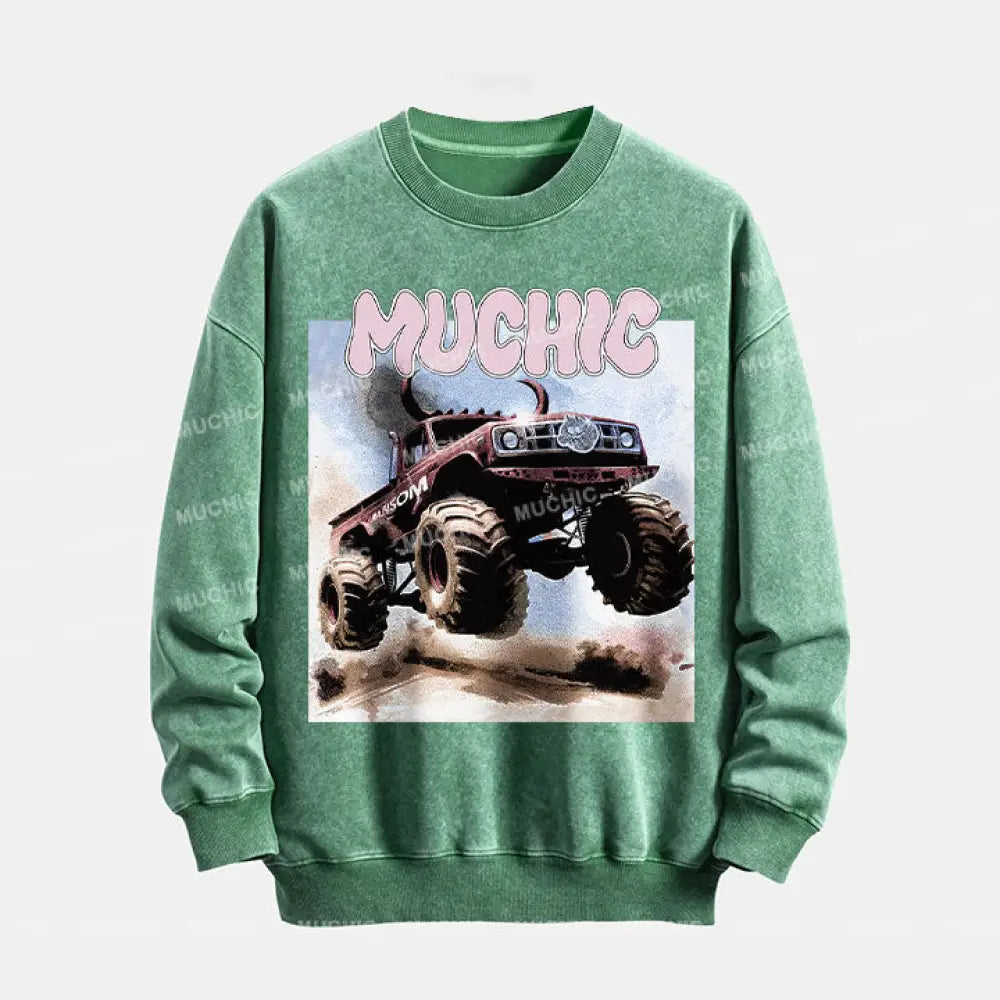 Muchic Unisex ’Off-Road Vehicle’ Funny Cartoon Graphic Print Long Sleeve Crewneck Sweatshirt Green