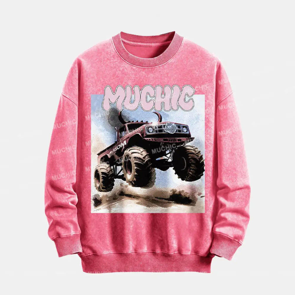 Muchic Unisex ’Off-Road Vehicle’ Funny Cartoon Graphic Print Long Sleeve Crewneck Sweatshirt Pink