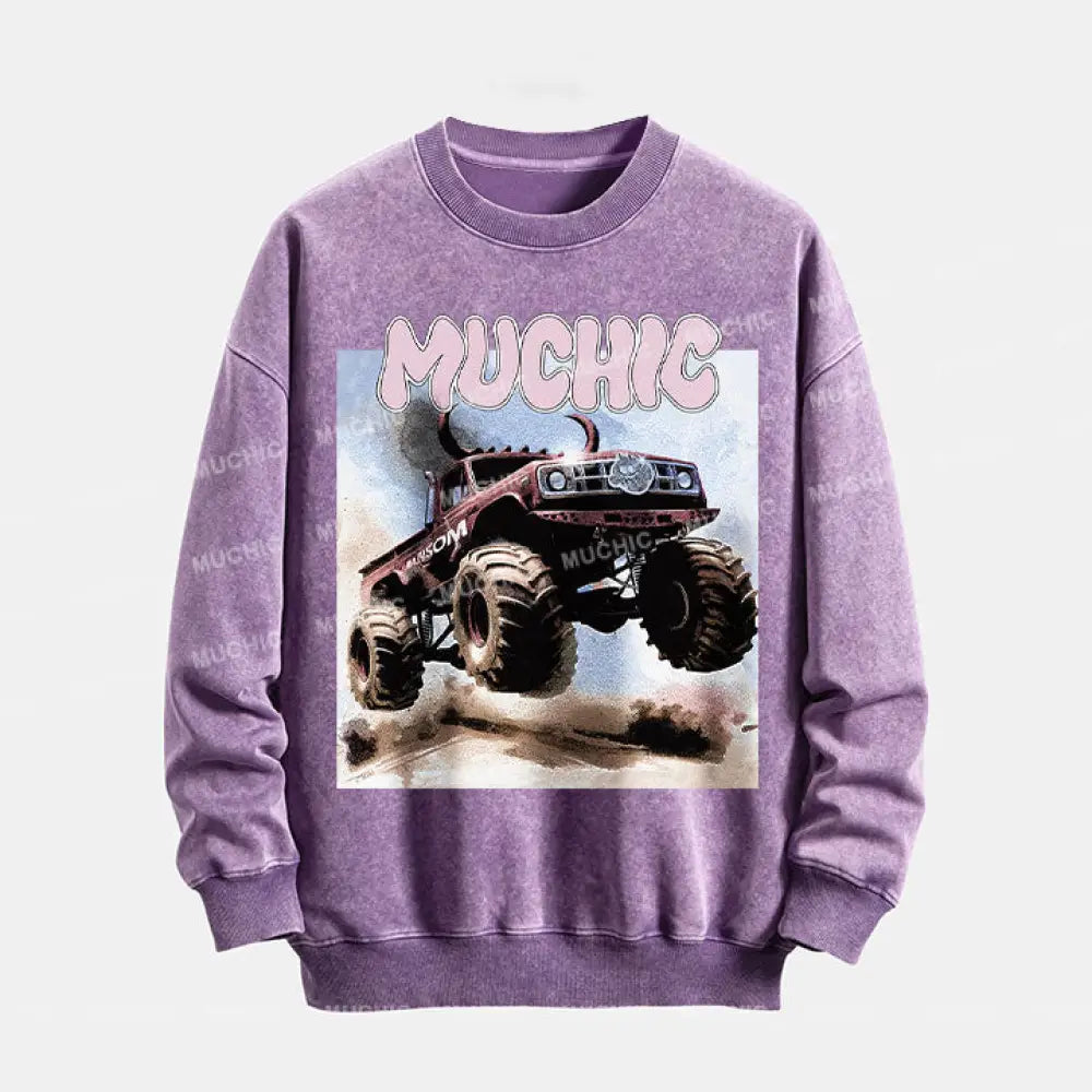 Muchic Unisex ’Off-Road Vehicle’ Funny Cartoon Graphic Print Long Sleeve Crewneck Sweatshirt Purple