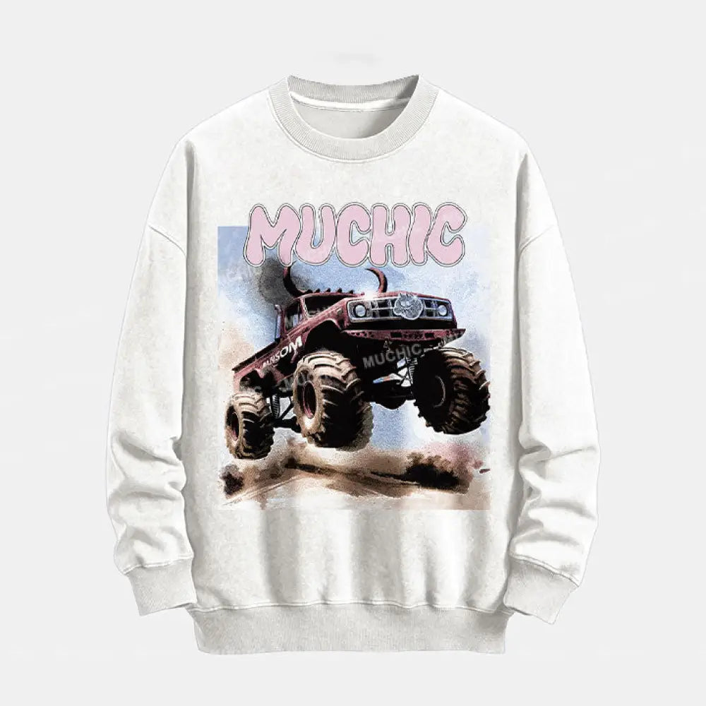 Muchic Unisex ’Off-Road Vehicle’ Funny Cartoon Graphic Print Long Sleeve Crewneck Sweatshirt White