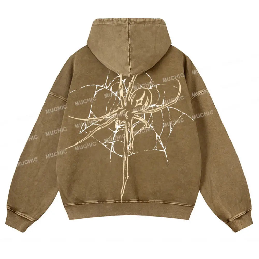 Muchic Unisex Original Spider Print Long Sleeve Hooded Sweatshirt Bronze / S Hoodies-Sweatshirts