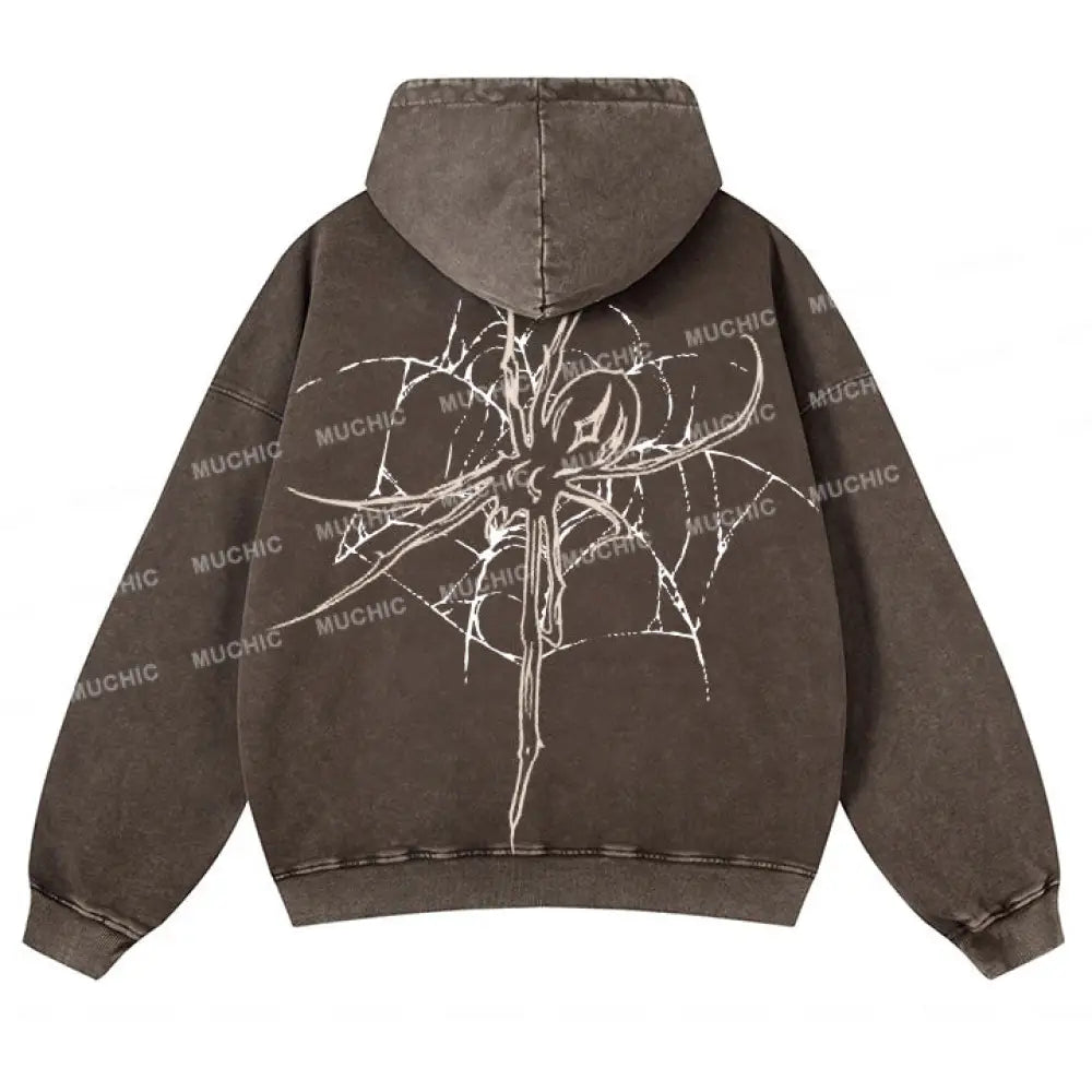 Muchic Unisex Original Spider Print Long Sleeve Hooded Sweatshirt Brown / S Hoodies-Sweatshirts