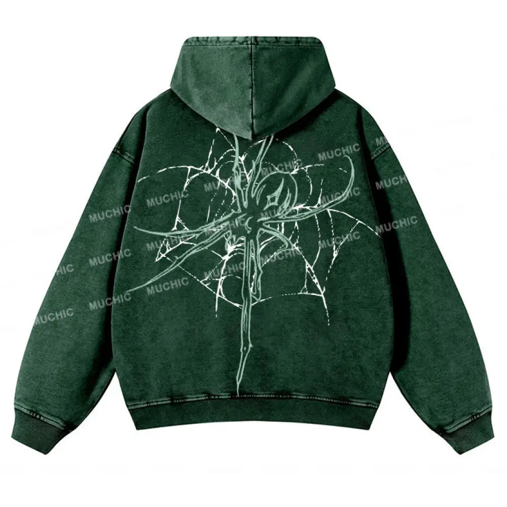 Muchic Unisex Original Spider Print Long Sleeve Hooded Sweatshirt Green / S Hoodies-Sweatshirts