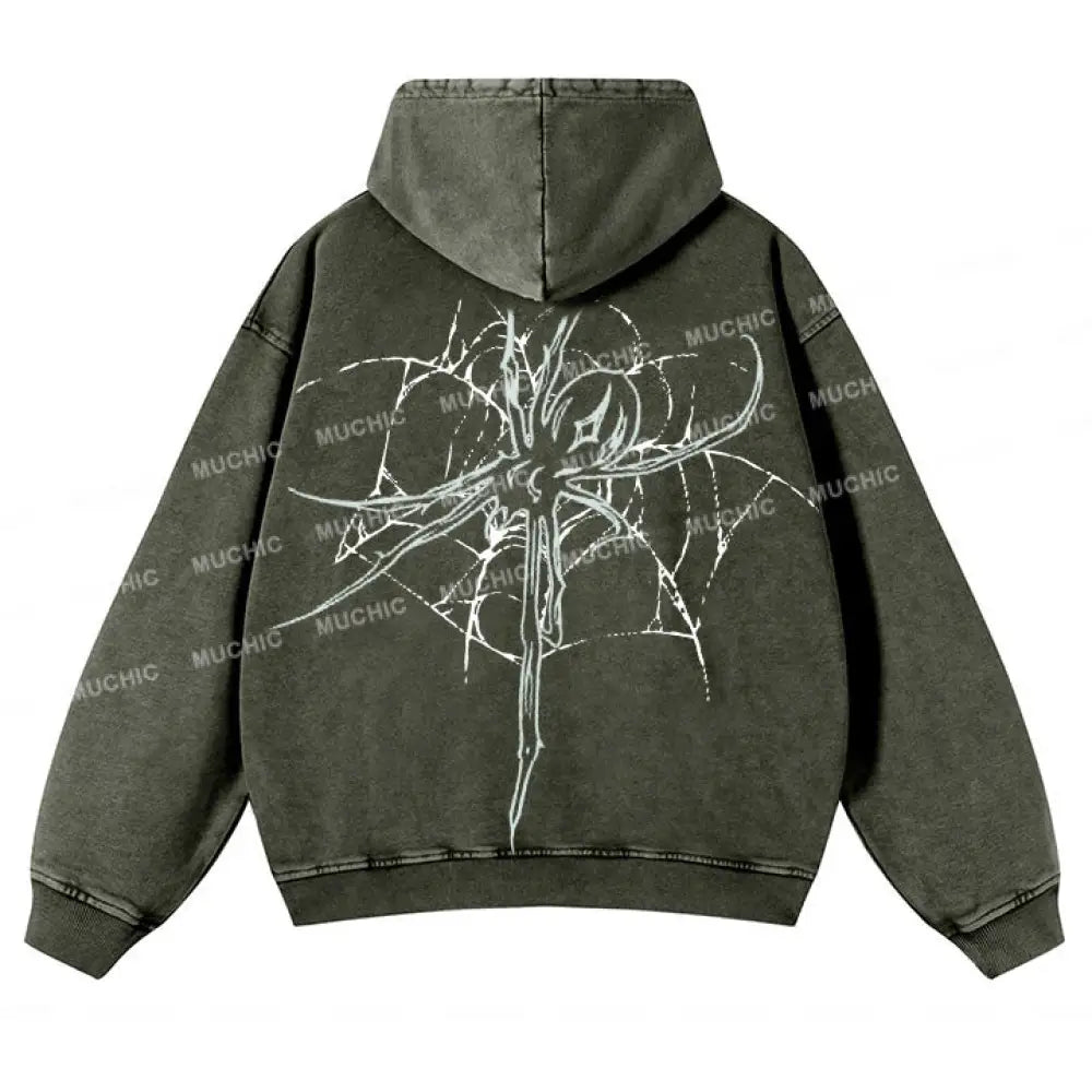 Muchic Unisex Original Spider Print Long Sleeve Hooded Sweatshirt Olive Green / S