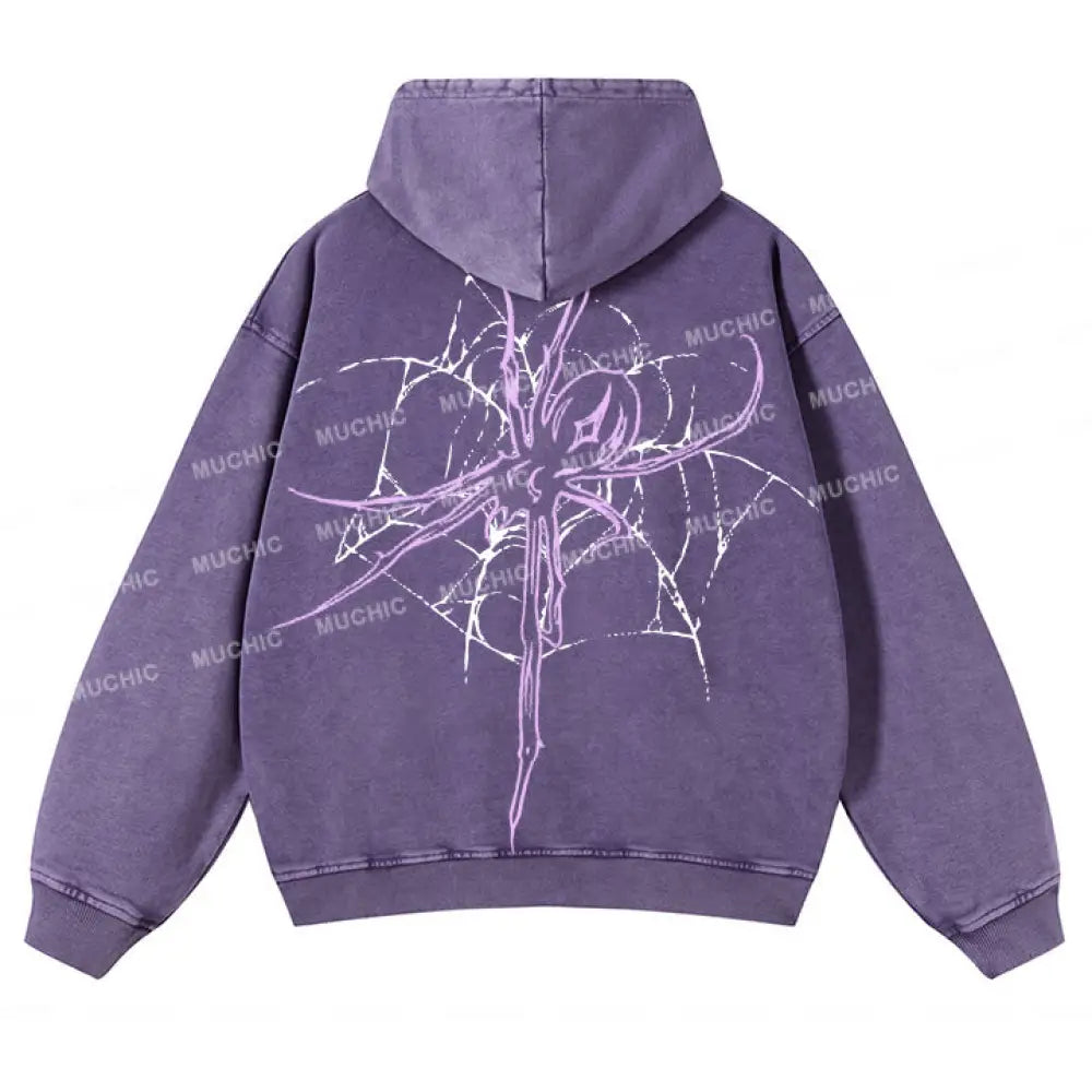 Muchic Unisex Original Spider Print Long Sleeve Hooded Sweatshirt Purple / S Hoodies-Sweatshirts