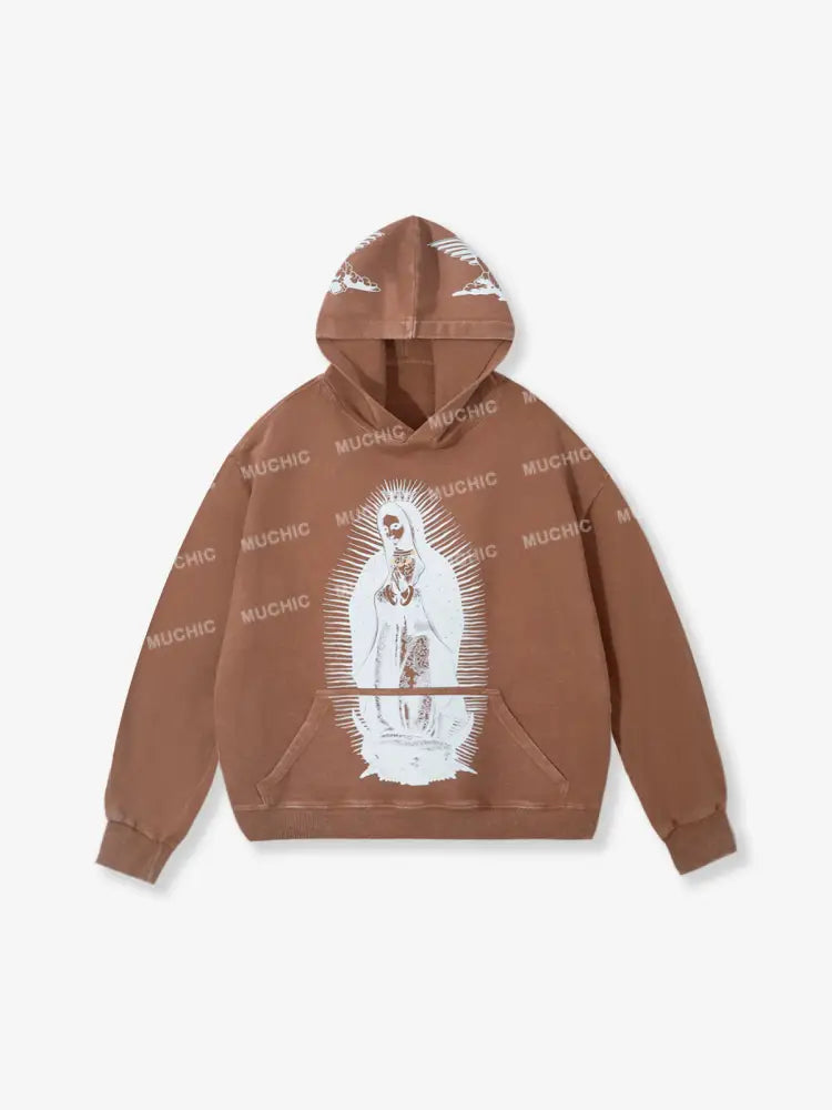 Muchic Unisex Our Lady Of Guadalupe Fashion Print Long Sleeve Hoodie Brown / M Hoodies-Sweatshirts