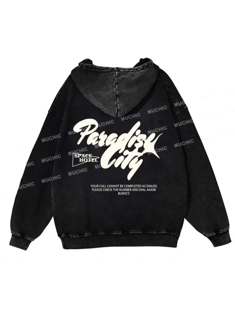 Muchic Unisex "paradise city" trendy graphic print long sleeve  Plush Thickening hooded sweatshirt