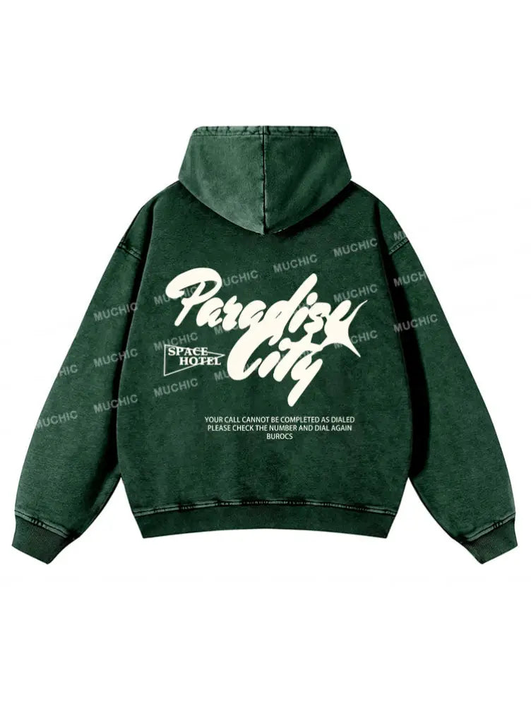 Muchic Unisex ’Paradise City’ Trendy Graphic Print Long Sleeve Hooded Sweatshirt Green / S