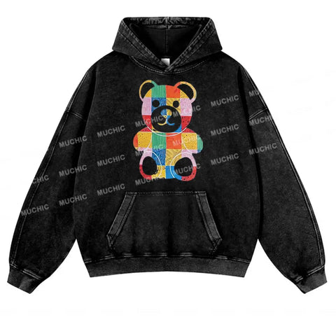 Muchic Unisex "Pattern Bear" Fashion Graphic Print Long Sleeve  Plush Thickening Hoodie