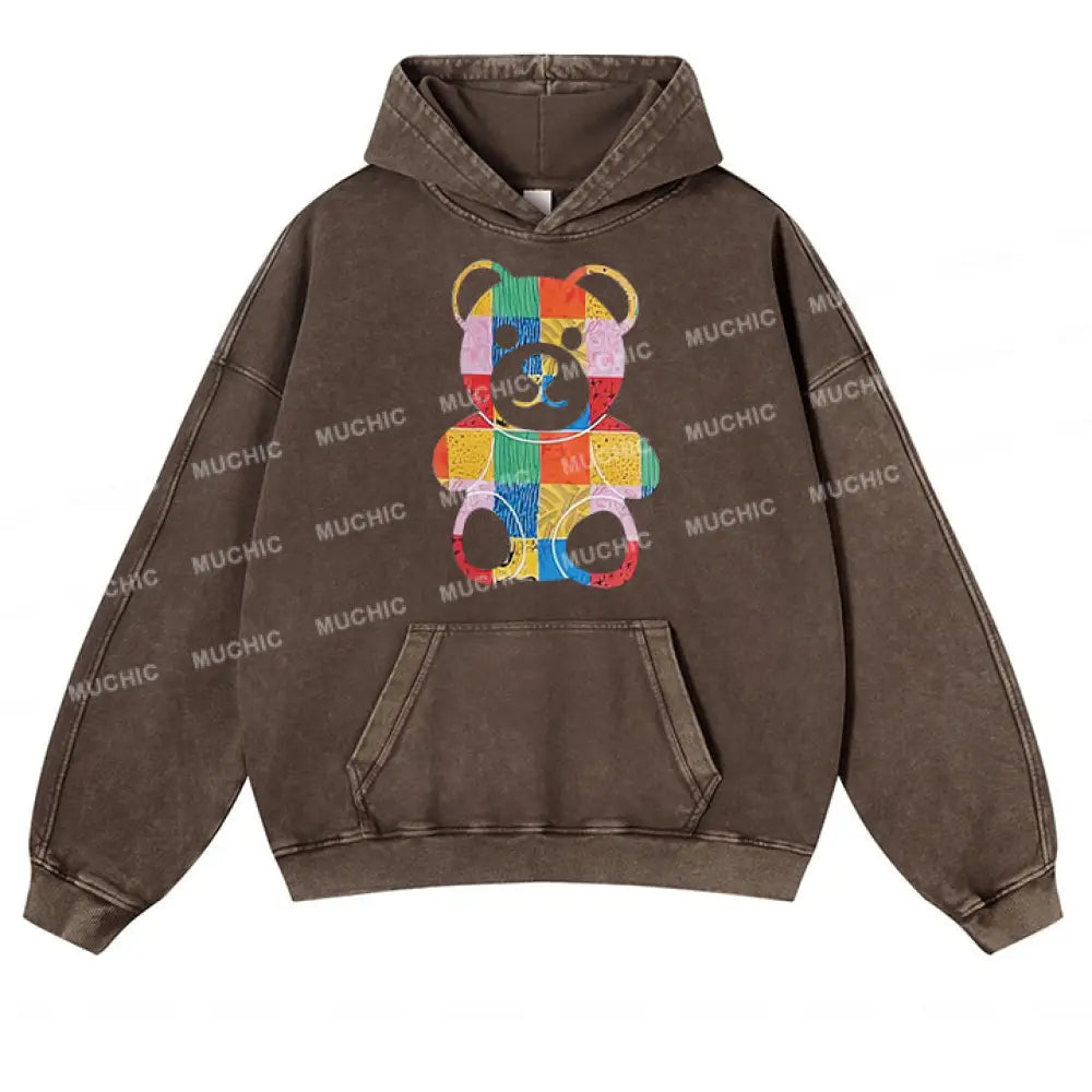 Muchic Unisex ’Pattern Bear’ Fashion Graphic Print Long Sleeve Hoodie Coffee Color / S