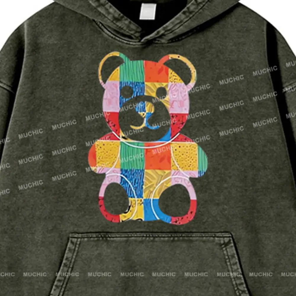 Muchic Unisex ’Pattern Bear’ Fashion Graphic Print Long Sleeve Hoodie Hoodies-Sweatshirts