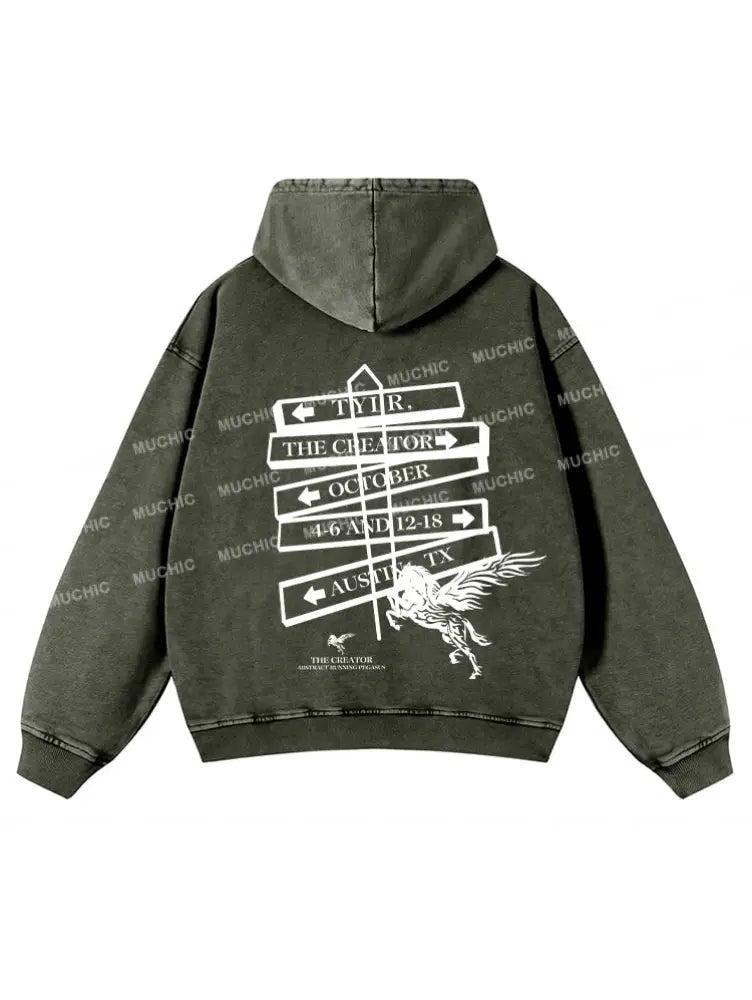 Muchic Unisex ’Pegasus’ Fashion Graphic Print Long Sleeve Hooded Sweatshirt Olive Green / S