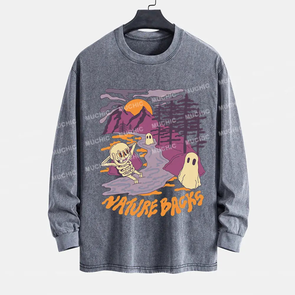 Muchic Unisex Sleepy Hollow Washed Print Long Sleeve T-Shirt Gray / S Long-Sleeved T-Shirt