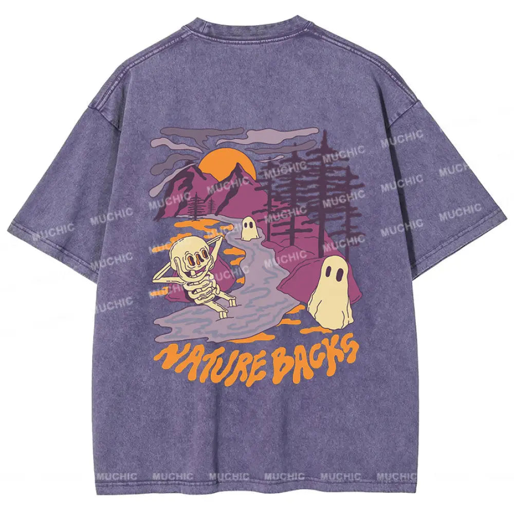 Muchic Unisex Sleepy Hollow Washed Print T-Shirt Purple / S T-Shirts