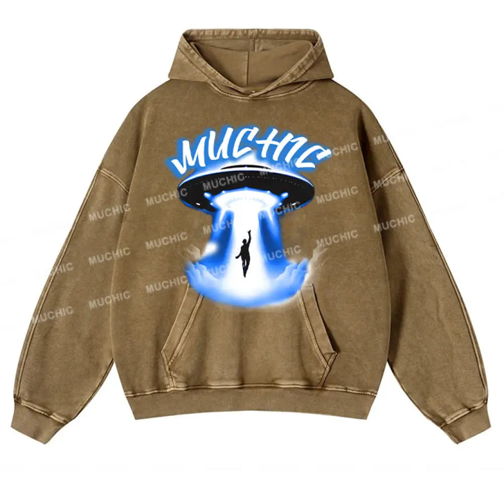 Muchic Unisex ’Spaceship’ Sport Graphic Long Sleeve Hoodie Brown / S Hoodies-Sweatshirts