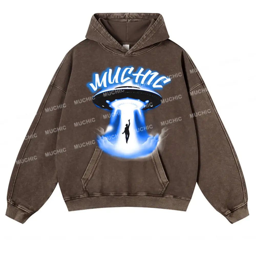 Muchic Unisex ’Spaceship’ Sport Graphic Long Sleeve Hoodie Coffee Color / S Hoodies-Sweatshirts