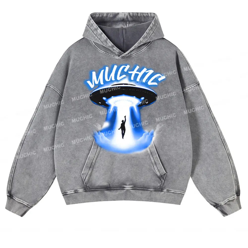 Muchic Unisex ’Spaceship’ Sport Graphic Long Sleeve Hoodie Gray / S Hoodies-Sweatshirts