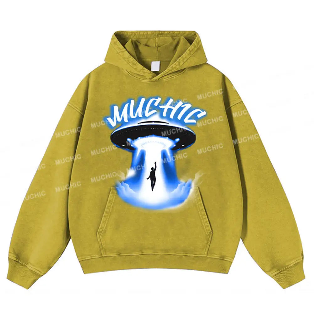 Muchic Unisex ’Spaceship’ Sport Graphic Long Sleeve Hoodie Yellow / S Hoodies-Sweatshirts