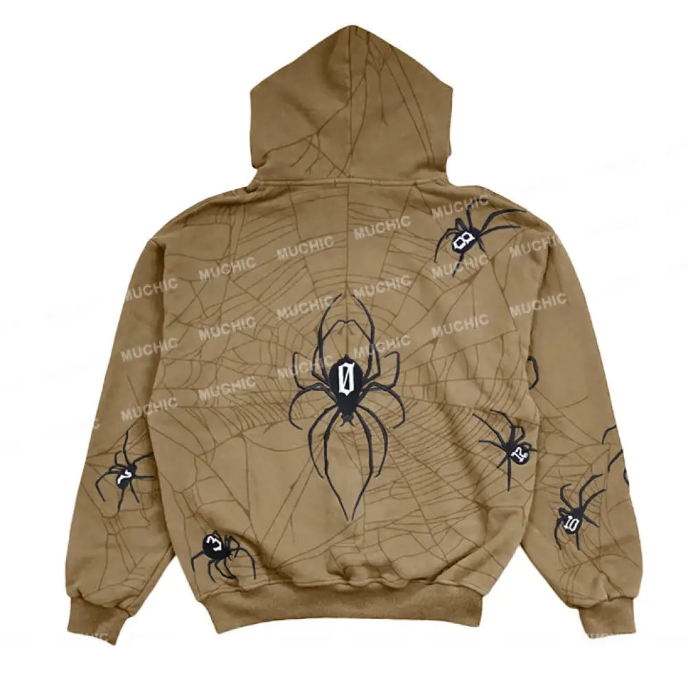 Muchic Unisex Spider Embroidered Long Sleeve Hoodie Beige / S Hoodies-Sweatshirts