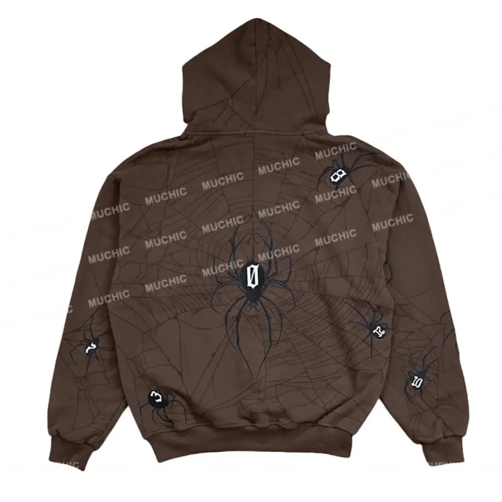 Muchic Unisex Spider Embroidered Long Sleeve Hoodie Brown / S Hoodies-Sweatshirts