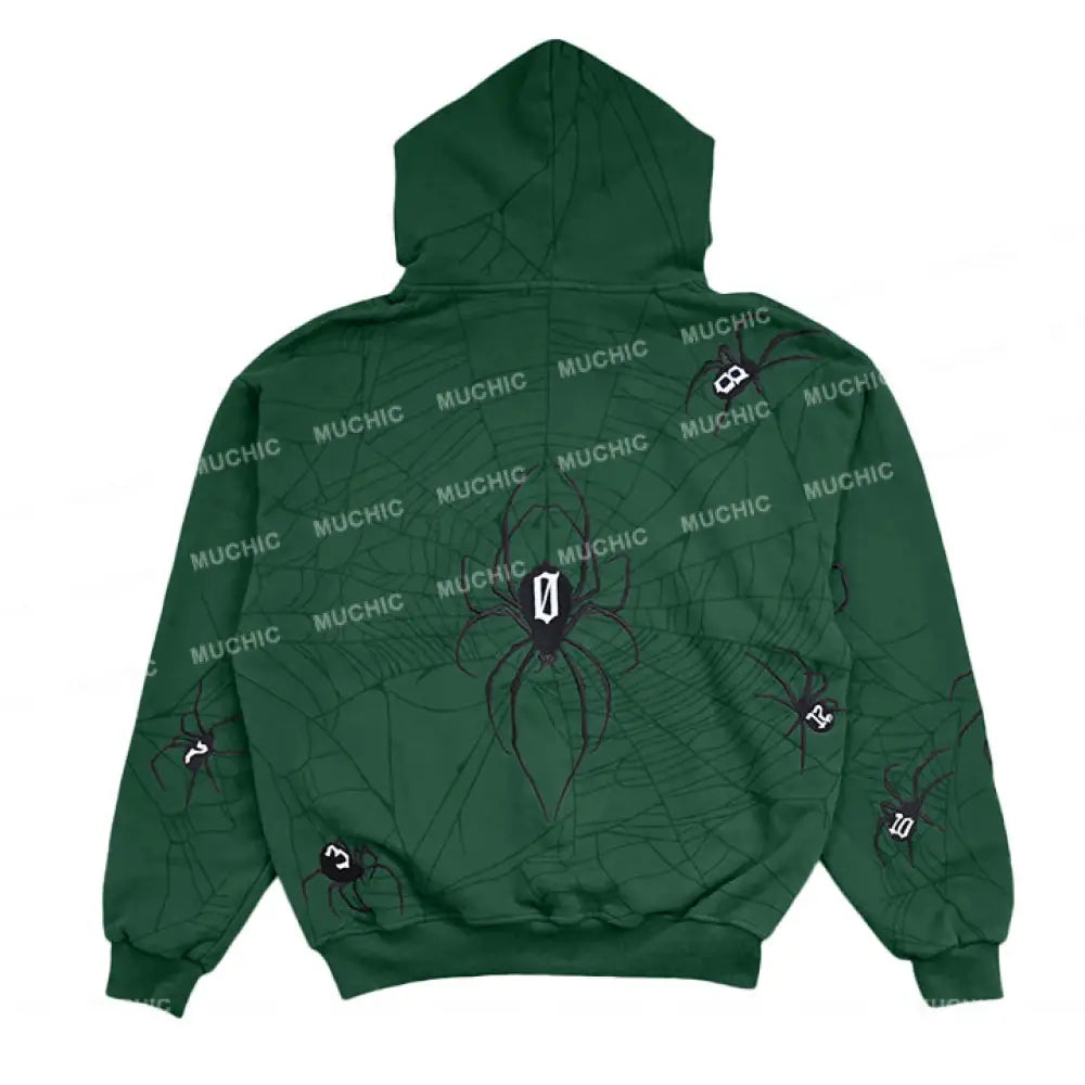 Muchic Unisex Spider Embroidered Long Sleeve Hoodie Green / S Hoodies-Sweatshirts