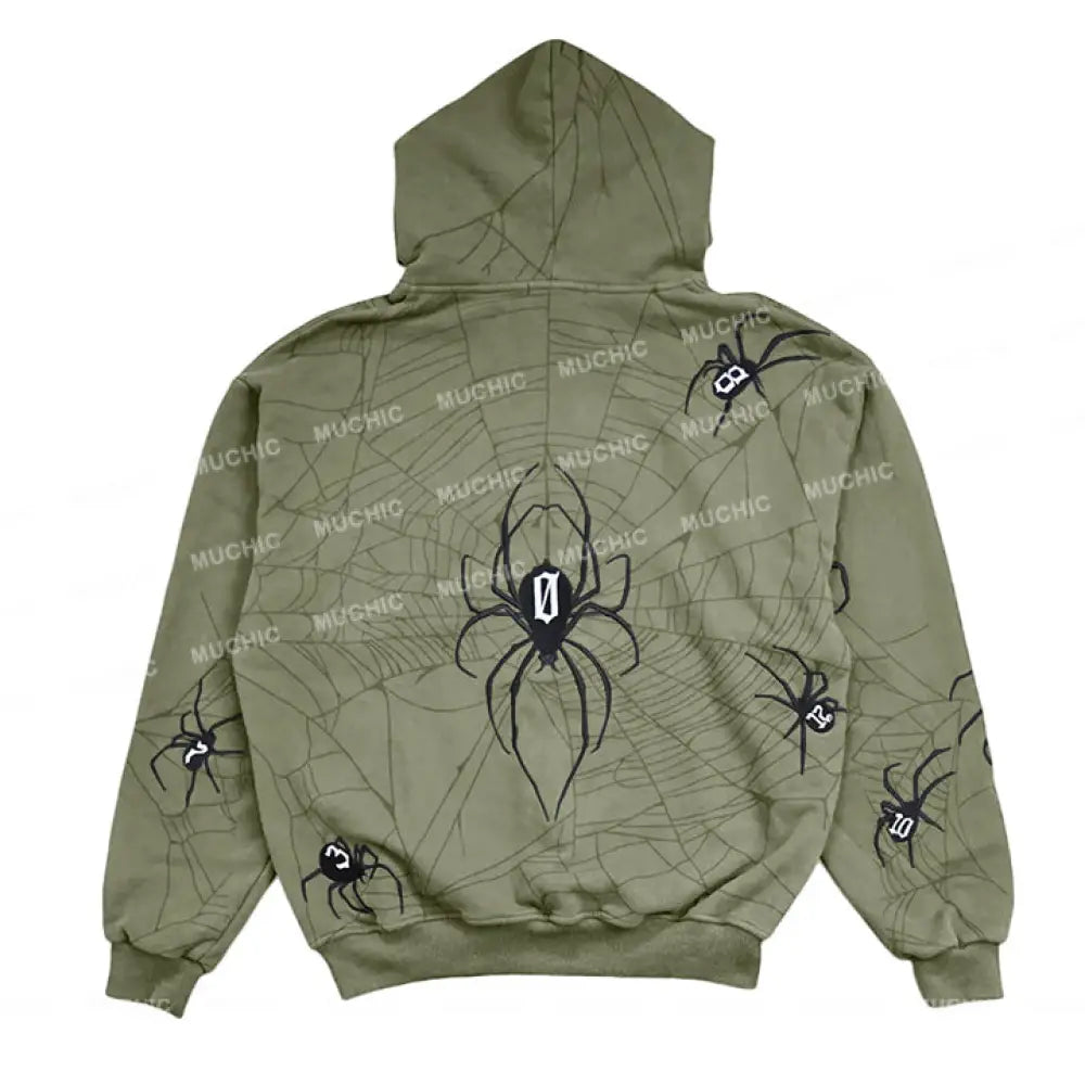 Muchic Unisex Spider Embroidered Long Sleeve Hoodie Light Green / S Hoodies-Sweatshirts