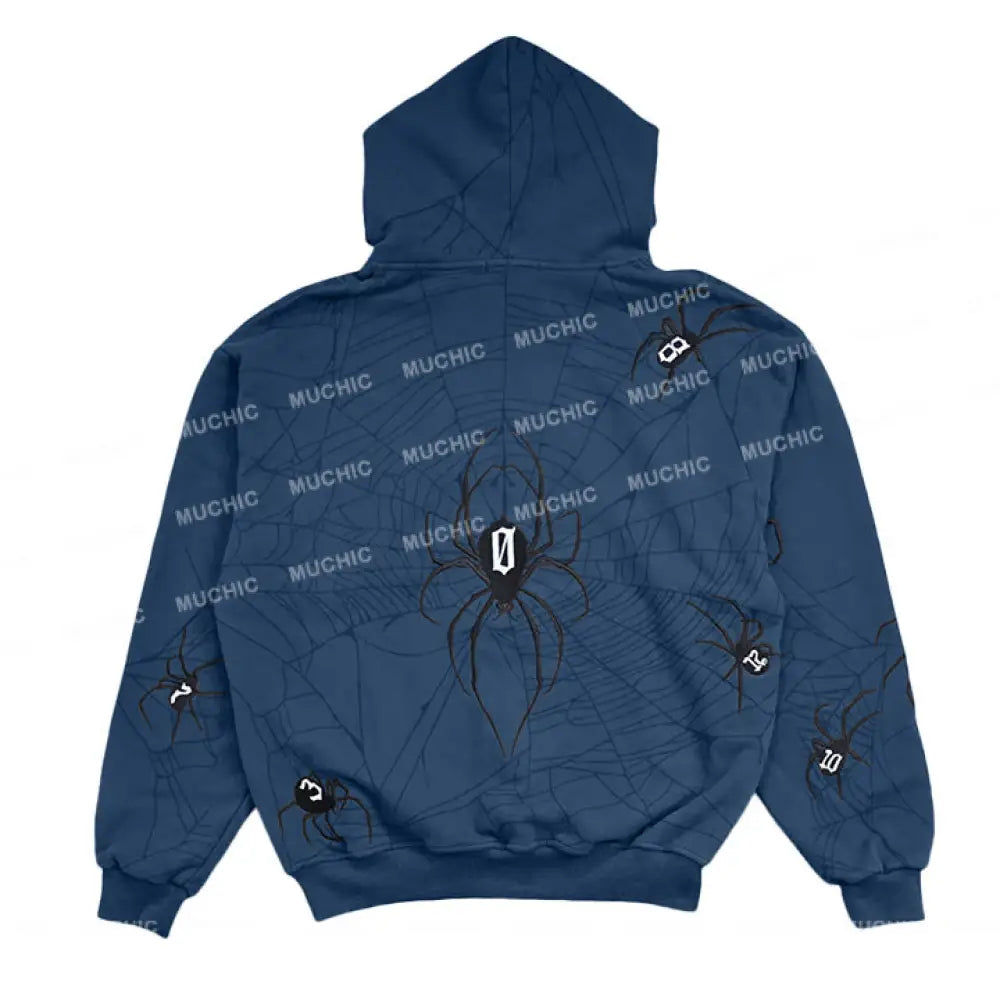 Muchic Unisex Spider Embroidered Long Sleeve Hoodie Navy / S Hoodies-Sweatshirts